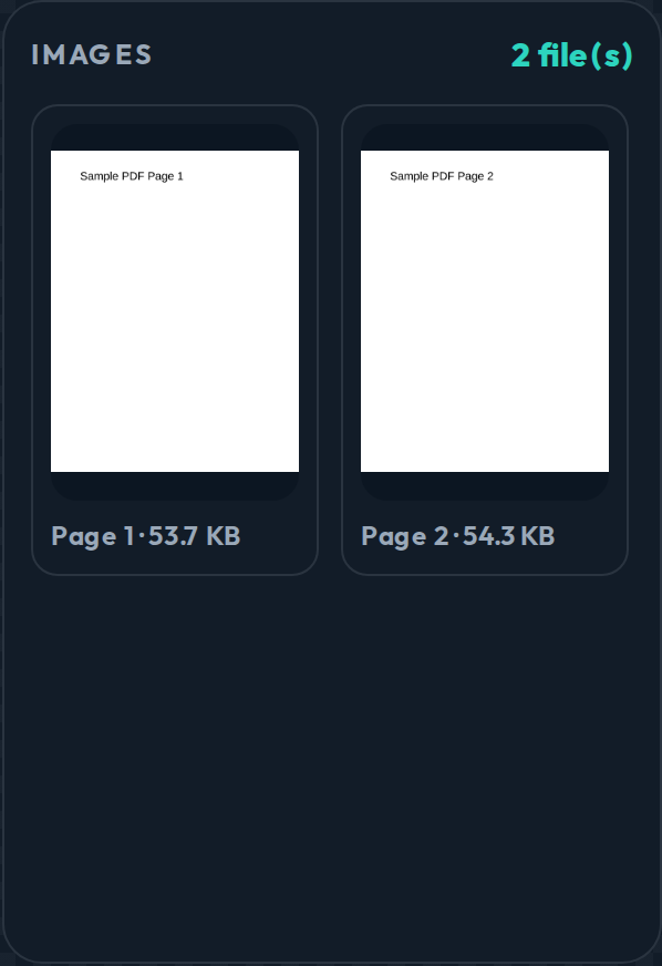 Converted image preview thumbnails with page numbers and file sizes